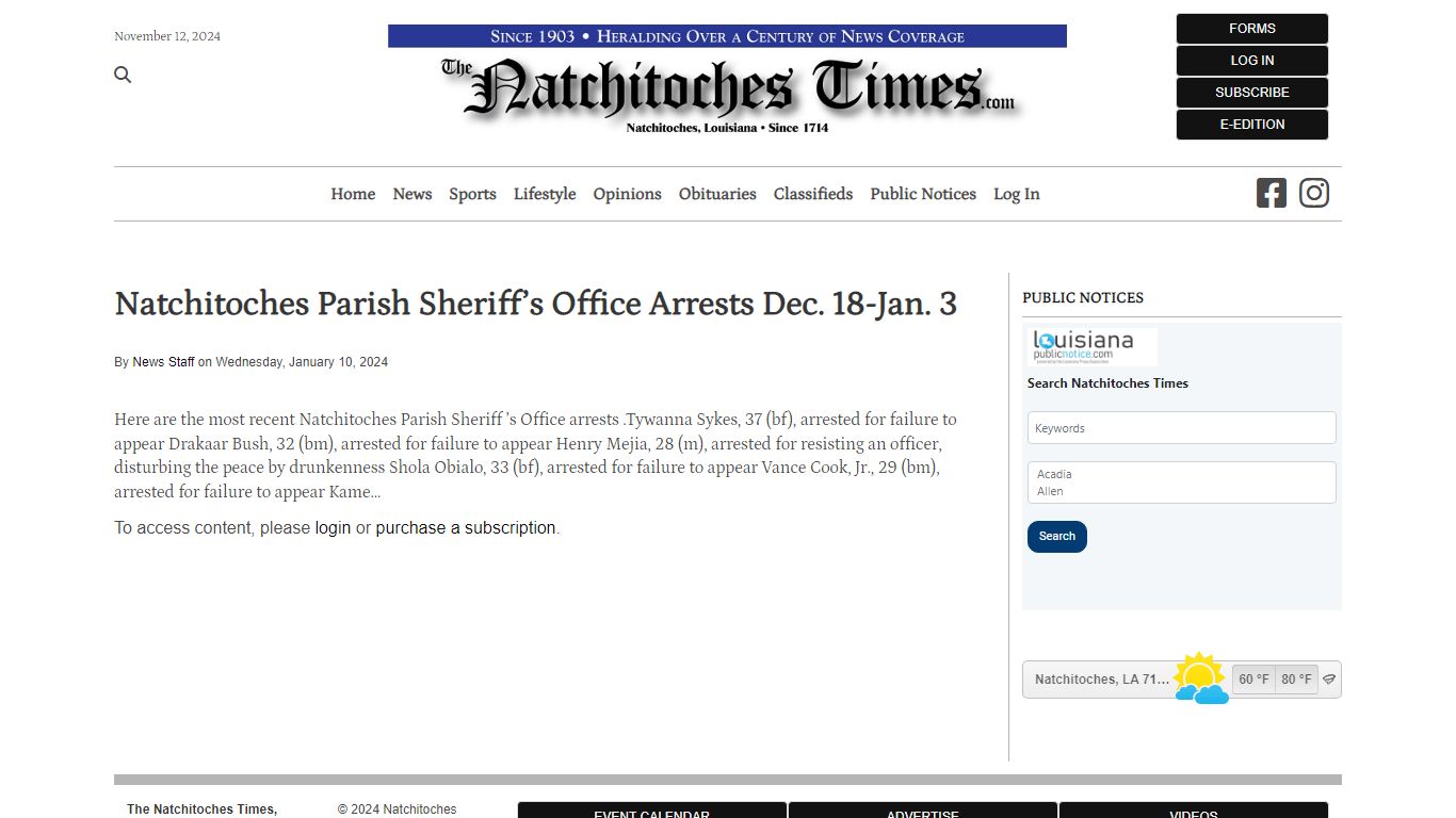 Natchitoches Parish Sheriff’s Office Arrests Dec. 18-Jan. 3